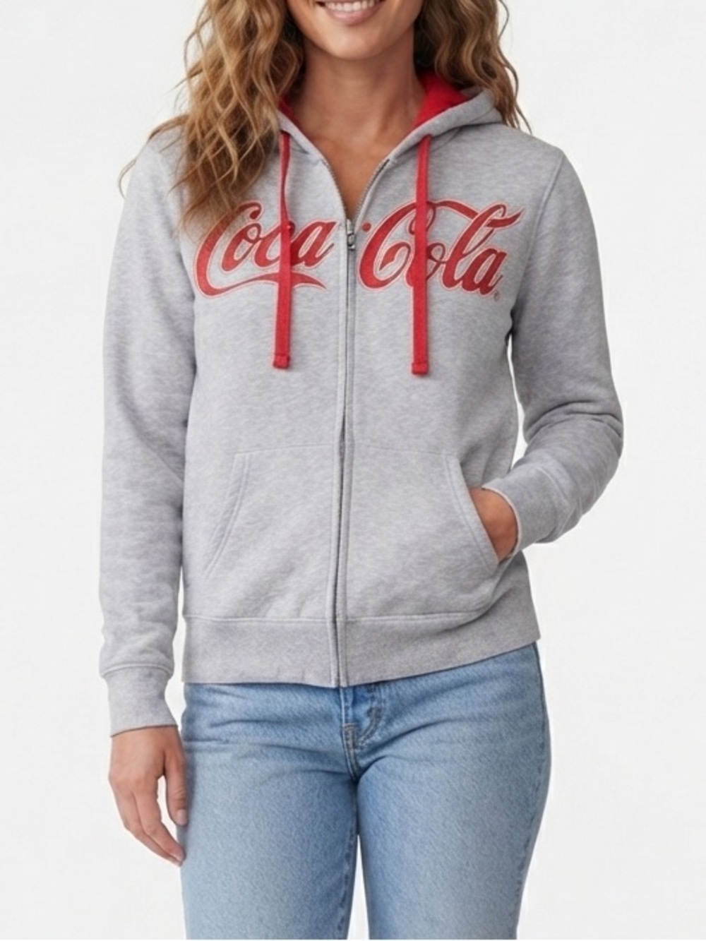 Coca-Cola Light Gray Full zip Hoodie with Red Accent Hood & Bottle Charm Y2K